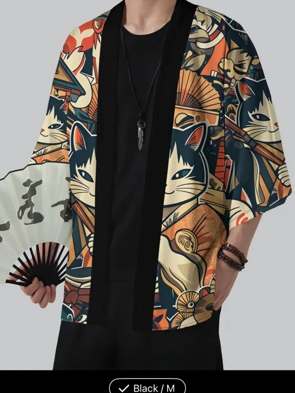 Stylish Cat Print Pet-Themed Kimono Jacket - Black & Cream